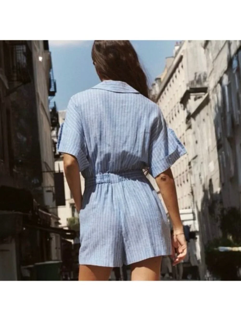 Zara Striped Linen Blend Short Romper Blue White Roll Tab Size Medium